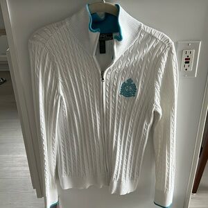 Lauren active Ralph Lauren zip white sweater With aqua blue trim.